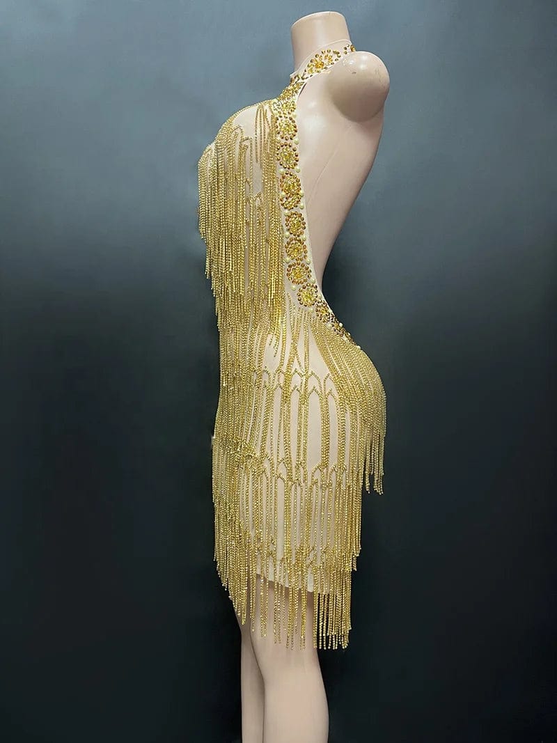 Novance Y2336 hot sale 2024 mini gold dresses women party sexy high neck luxury designer clothes for women with tassel