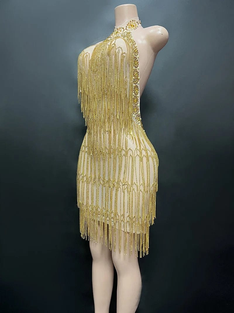 Novance Y2336 hot sale 2024 mini gold dresses women party sexy high neck luxury designer clothes for women with tassel