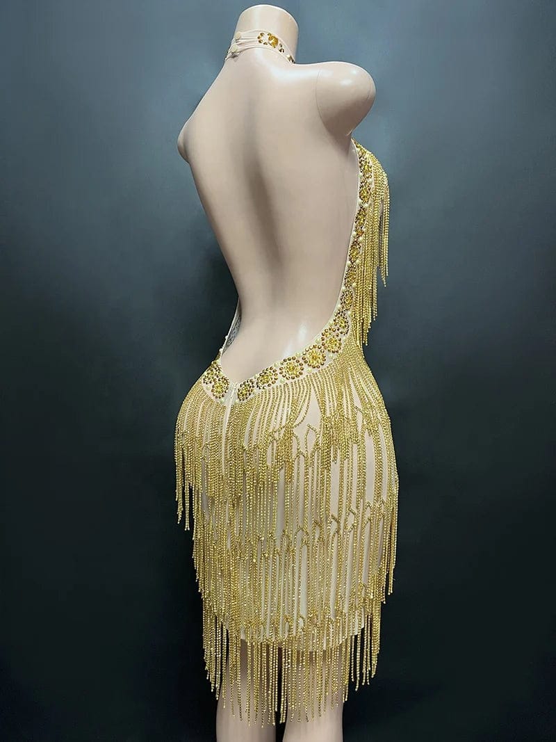 Novance Y2336 hot sale 2024 mini gold dresses women party sexy high neck luxury designer clothes for women with tassel