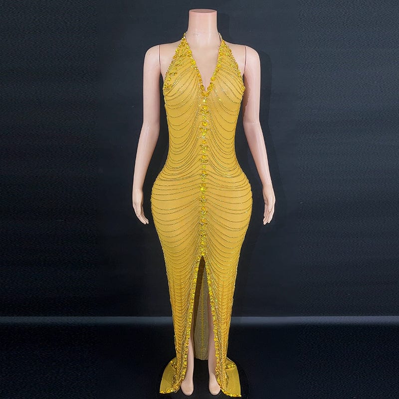 Novance Y2758-D Rhinestone Dress Formal Sexy Deep V Neck Halter Dress Women Evening Dresses Elegant Party 2023