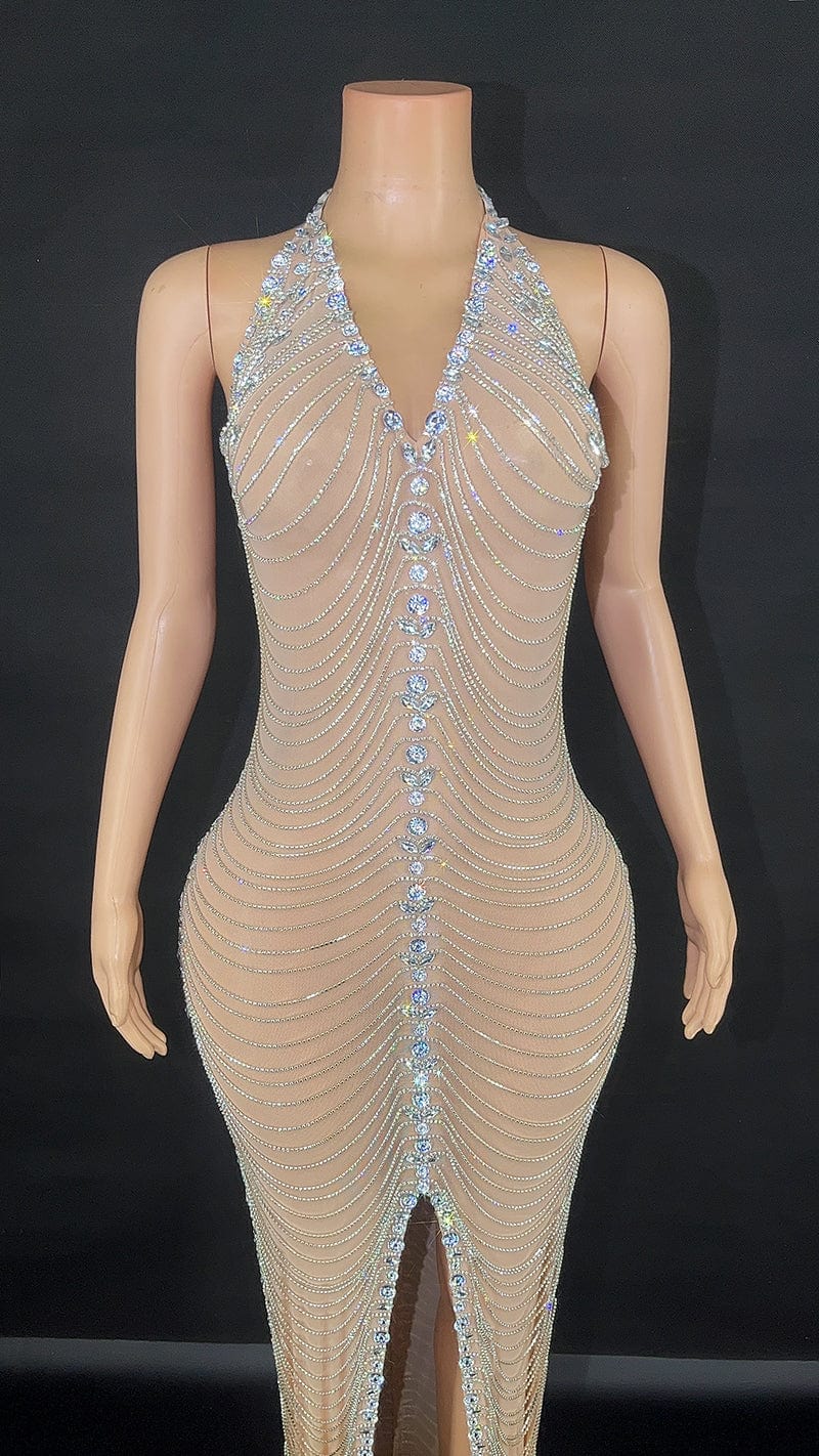 Novance Y2758-D Rhinestone Dress Formal Sexy Deep V Neck Halter Dress Women Evening Dresses Elegant Party 2023
