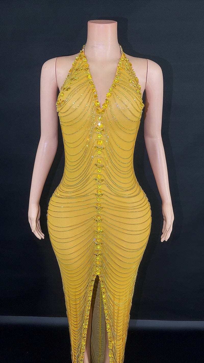 Novance Y2758-D Rhinestone Dress Formal Sexy Deep V Neck Halter Dress Women Evening Dresses Elegant Party 2023