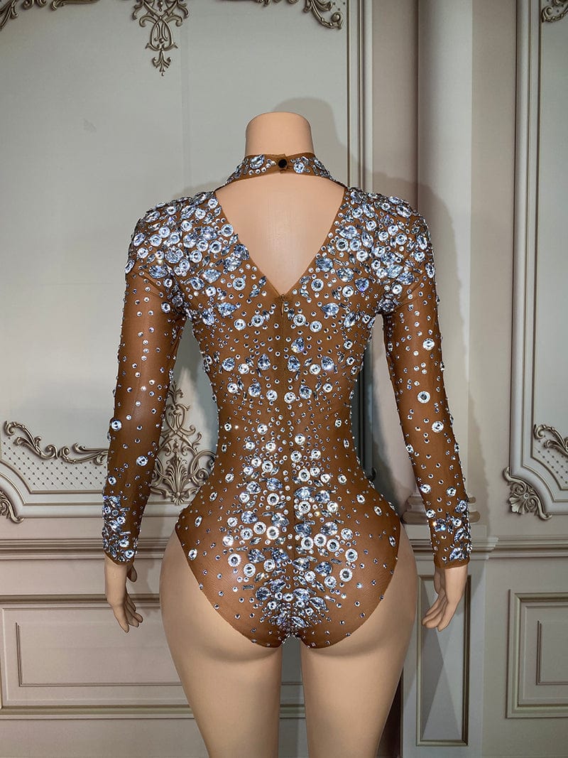 Novance Y2898 Stretchy Silver Rhinestone Jumpsuit Diamonds Custom Mesh Sexy Club Wear Bodysuits Women Overweight Jumpsuit