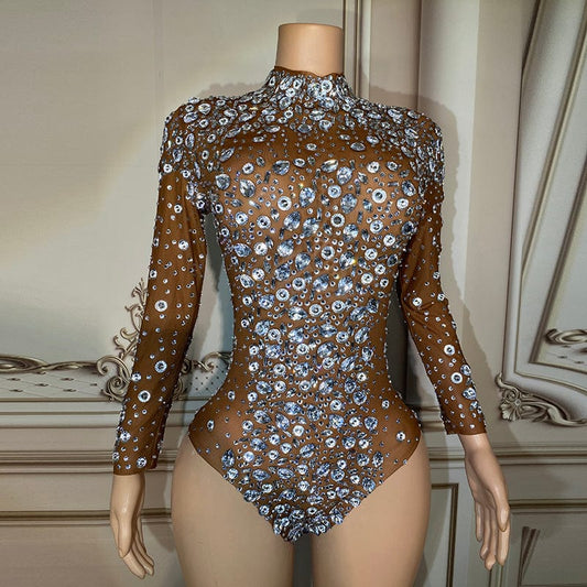 Novance Y2898 Stretchy Silver Rhinestone Jumpsuit Diamonds Custom Mesh Sexy Club Wear Bodysuits Women Overweight Jumpsuit