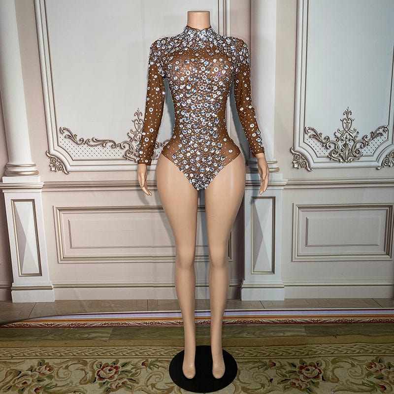 Novance Y2898 Stretchy Silver Rhinestone Jumpsuit Diamonds Custom Mesh Sexy Club Wear Bodysuits Women Overweight Jumpsuit
