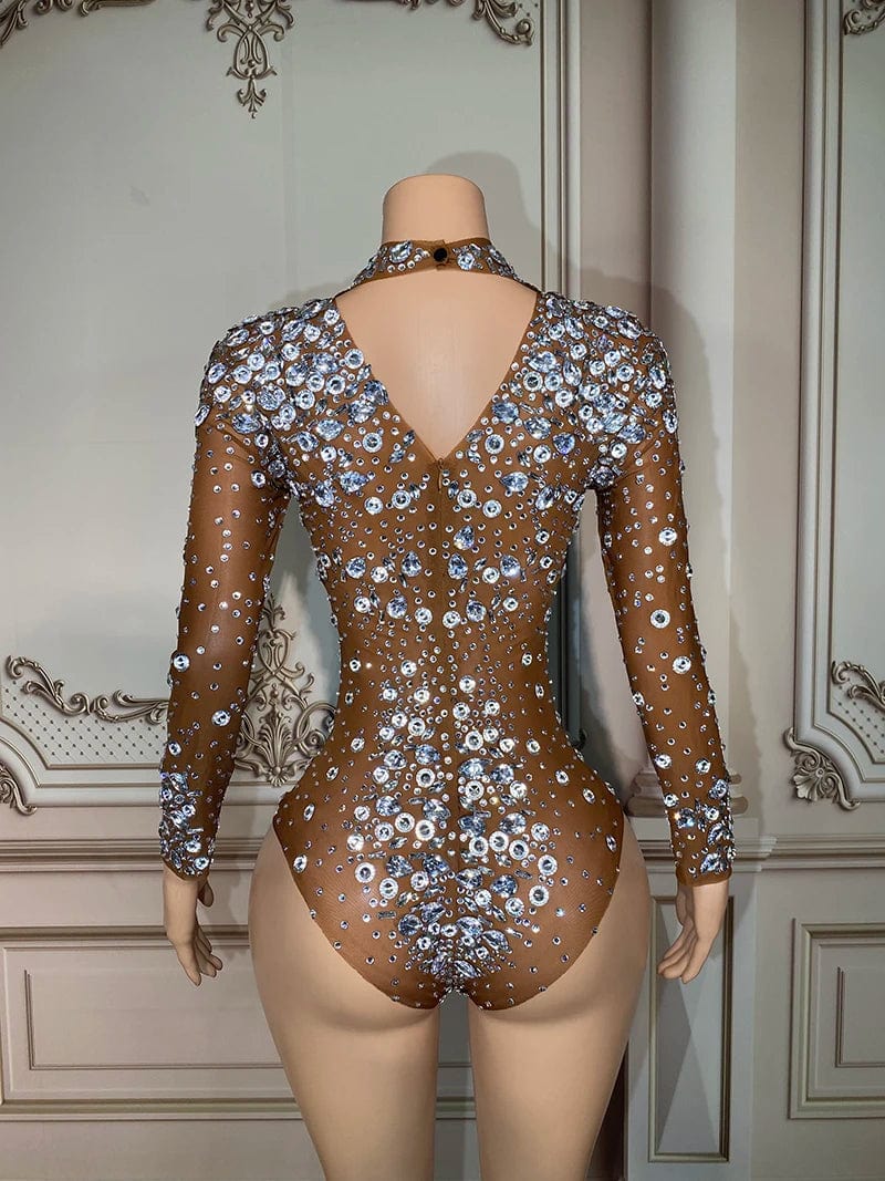 Novance Y2898 Stretchy Silver Rhinestone Jumpsuit Diamonds Custom Mesh Sexy Club Wear Bodysuits Women Overweight Jumpsuit