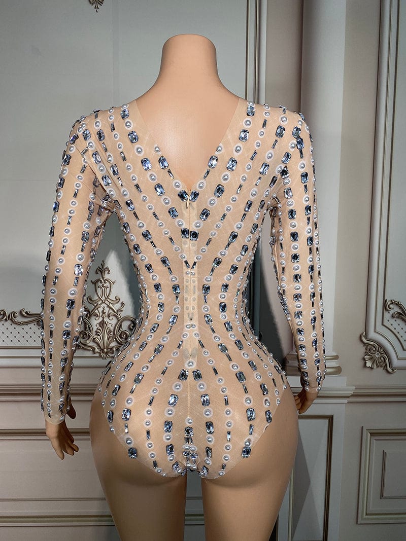 Novance Y2902 Sparkly Diamond Mesh Catsuit Latex Bodysuit Performance Wear Latin Dance Party Bodycon One Piece Jumpsuit
