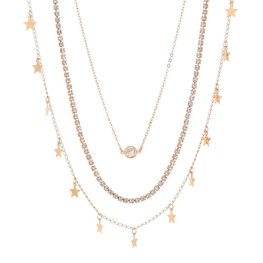 NZ890 Fashion New Retro multilayer overlay alloy necklace gold star tassel pendant zircon inlaid O-shaped women's long chain