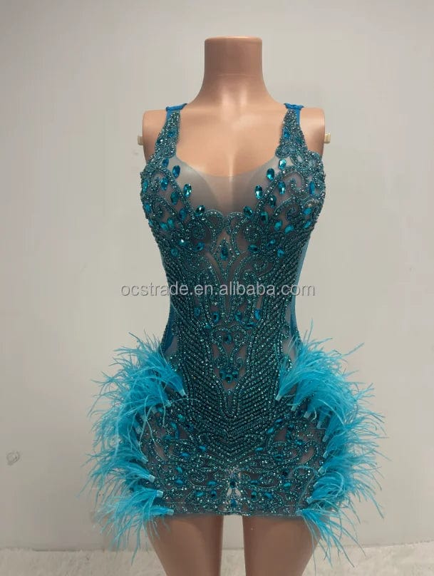 Ocstrade Bling Mini Dresses Club Party Luxury Handmade Custom Sexy Light Blue Birthday Dress For Women Rhinestone With Feathers