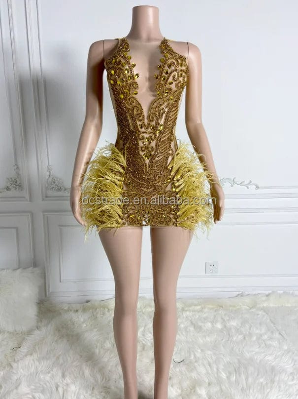 Ocstrade Bling Mini Dresses Club Party Luxury Handmade Custom Sexy Light Blue Birthday Dress For Women Rhinestone With Feathers