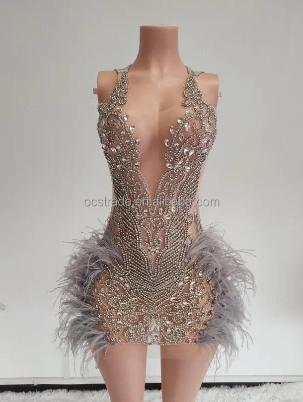 Ocstrade Bling Mini Dresses Club Party Luxury Handmade Custom Sexy Light Blue Birthday Dress For Women Rhinestone With Feathers