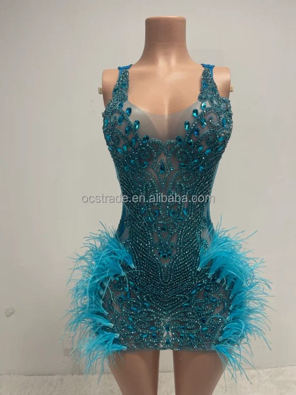 Ocstrade Bling Mini Dresses Club Party Luxury Handmade Custom Sexy Light Blue Birthday Dress For Women Rhinestone With Feathers