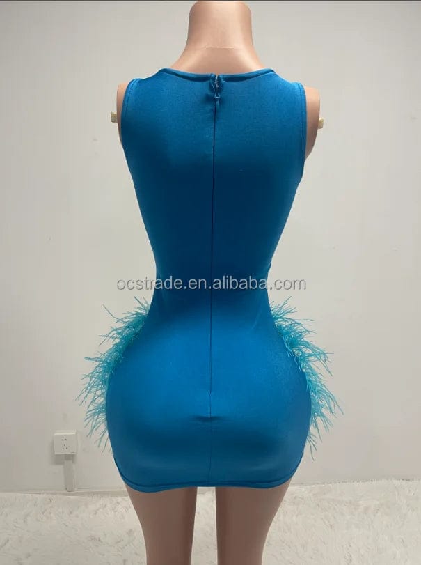 Ocstrade Bling Mini Dresses Club Party Luxury Handmade Custom Sexy Light Blue Birthday Dress For Women Rhinestone With Feathers