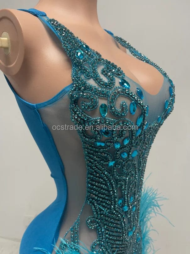 Ocstrade Bling Mini Dresses Club Party Luxury Handmade Custom Sexy Light Blue Birthday Dress For Women Rhinestone With Feathers
