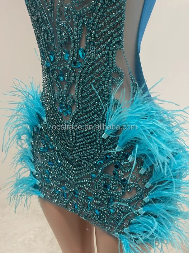 Ocstrade Bling Mini Dresses Club Party Luxury Handmade Custom Sexy Light Blue Birthday Dress For Women Rhinestone With Feathers