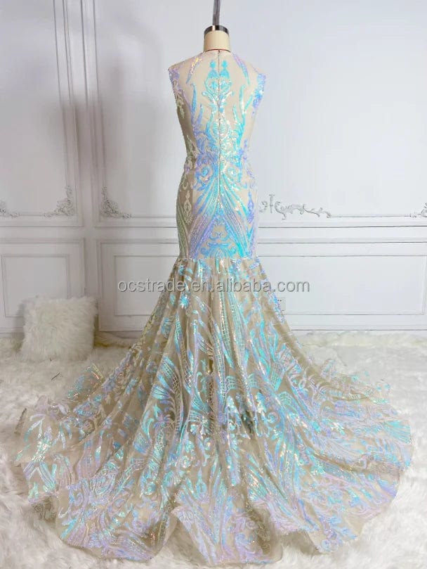 Ocstrade Clothing Manufacturers Custom Sparkly Evening Dresses Glitter Sequin Plunging Neckline Trumpet Long Train Prom Dress