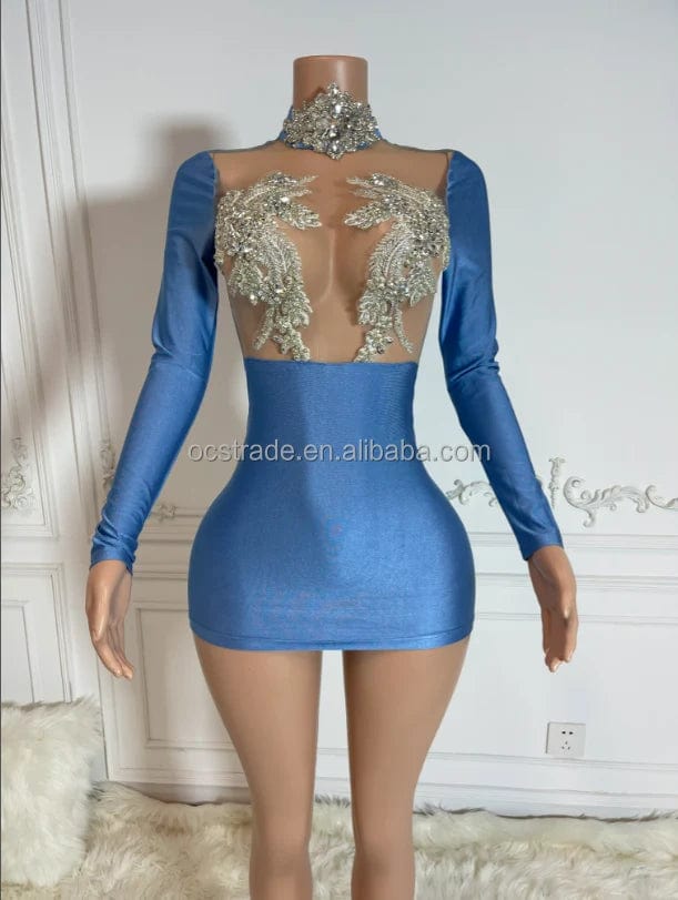 Ocstrade Dropshipping Products 2023 Silver Rhinestone Bodycon Club Dress Women Long Sleeve Diamond  Birthday Dress Elegant Women