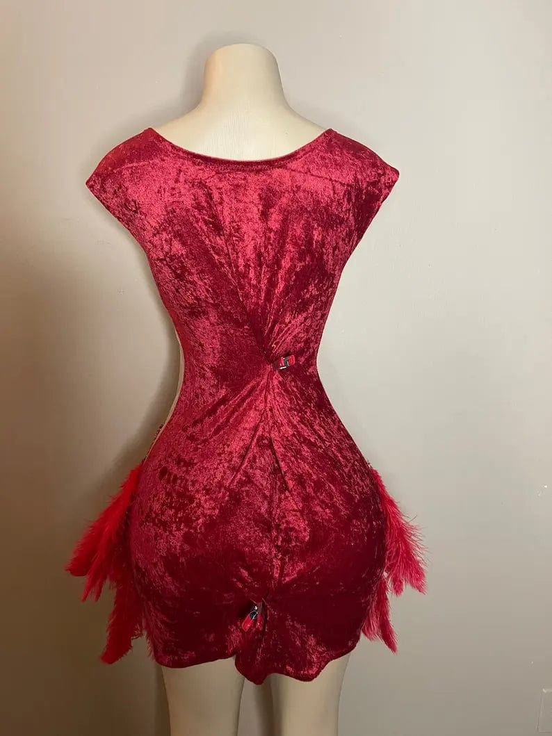 Ocstrade Fall 2023 Shiny Rhinestone Club Dress Sleeveless Mesh Transparent Short Red Club Dress With Feather For Party