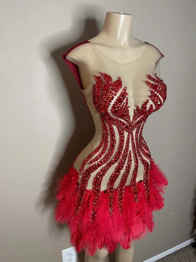 Ocstrade Fall 2023 Shiny Rhinestone Club Dress Sleeveless Mesh Transparent Short Red Club Dress With Feather For Party