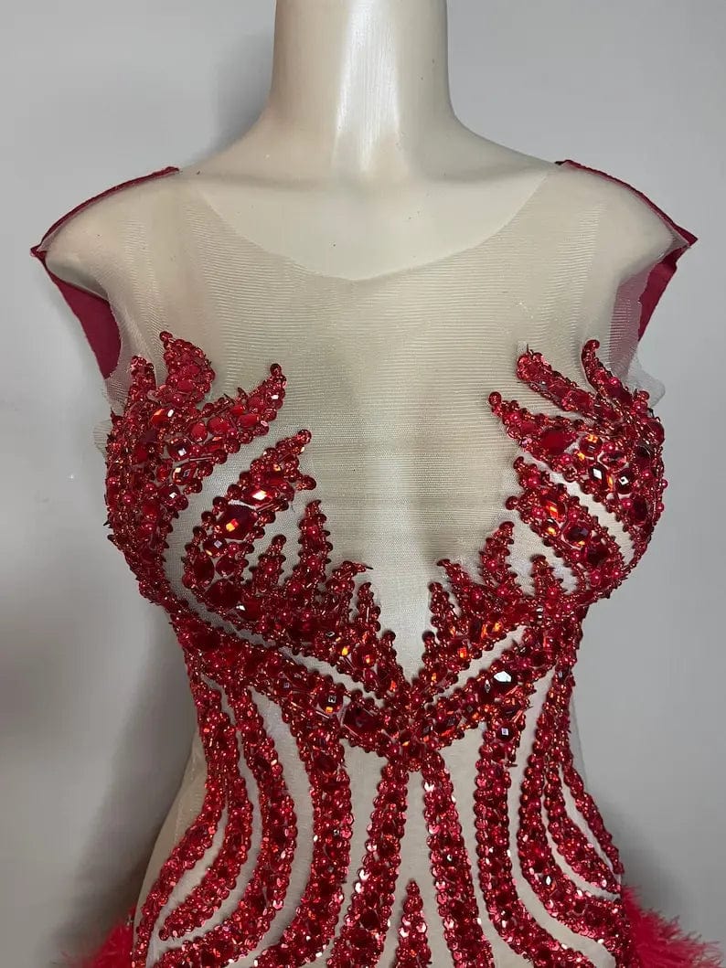 Ocstrade Fall 2023 Shiny Rhinestone Club Dress Sleeveless Mesh Transparent Short Red Club Dress With Feather For Party