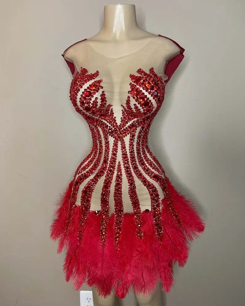 Ocstrade Fall 2023 Shiny Rhinestone Club Dress Sleeveless Mesh Transparent Short Red Club Dress With Feather For Party