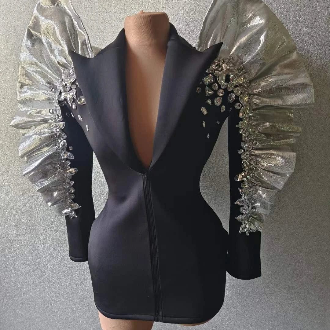 Ocstrade Fall 2023 Women Long Ruched Sleeve Zipper Coat Womens Blazer Jacket Concert Performance Rhinestone Coat For Women