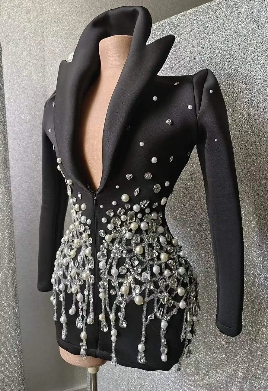 Ocstrade Fall 2023 Women Long Ruched Sleeve Zipper Coat Womens Blazer Jacket Concert Performance Rhinestone Coat For Women