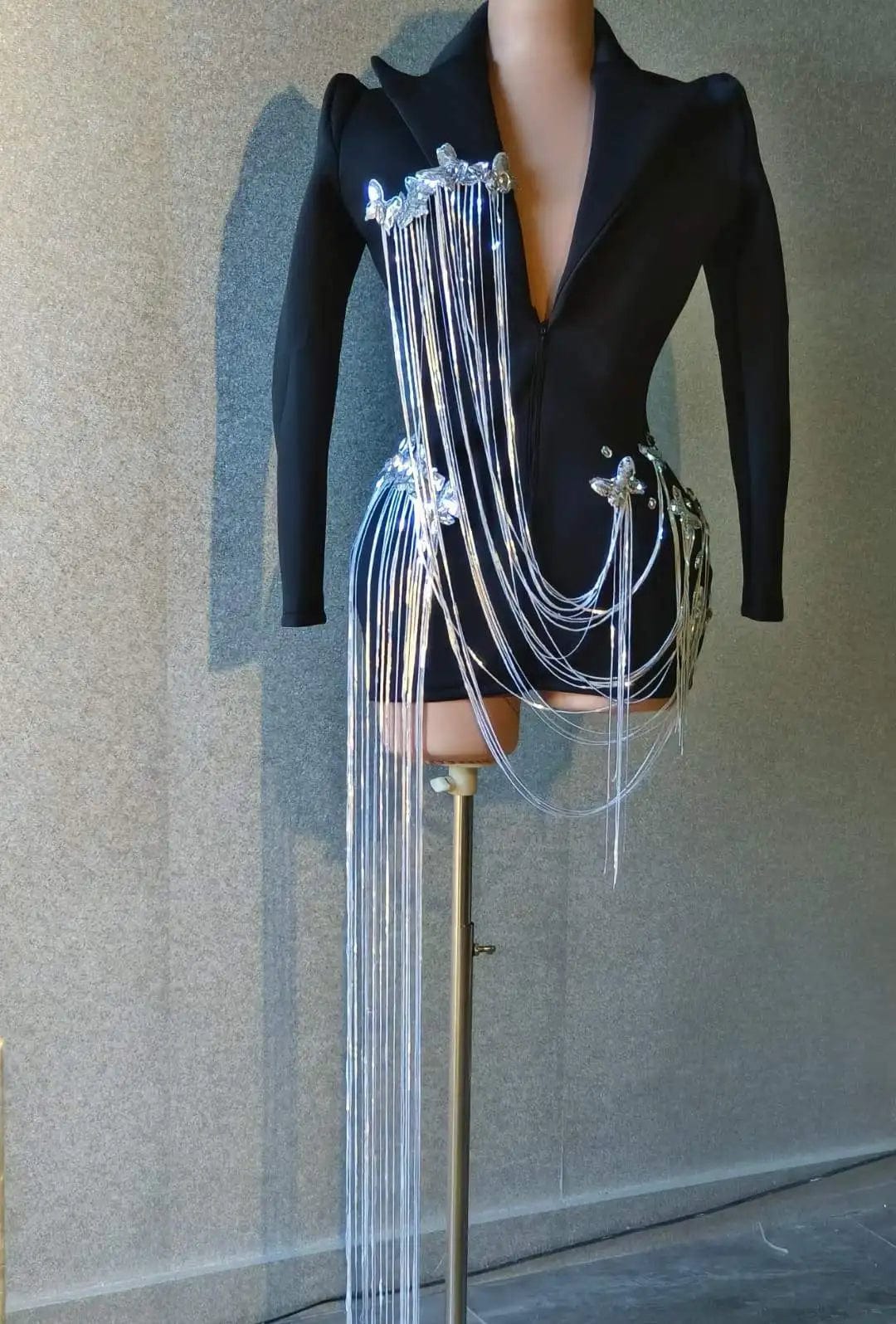 Ocstrade Fall 2023 Women Long Ruched Sleeve Zipper Coat Womens Blazer Jacket Concert Performance Rhinestone Coat For Women