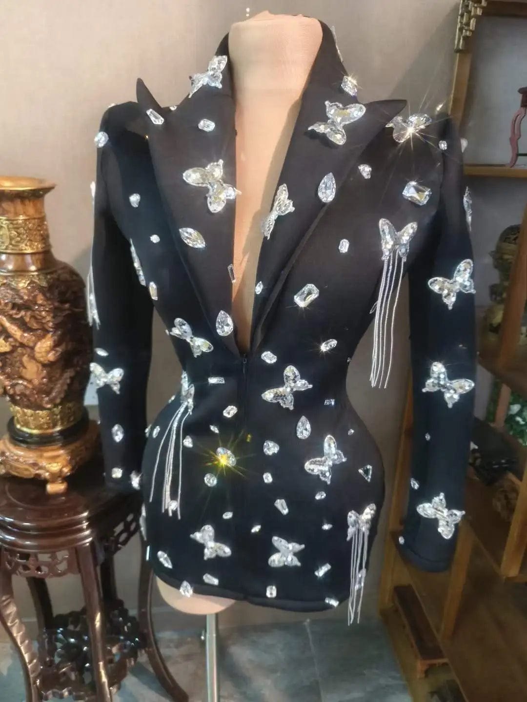 Ocstrade Fall 2023 Women Long Ruched Sleeve Zipper Coat Womens Blazer Jacket Concert Performance Rhinestone Coat For Women