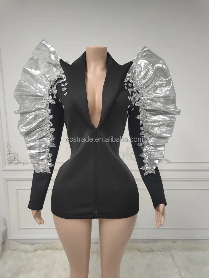 Ocstrade Fall 2023 Women Long Ruched Sleeve Zipper Coat Womens Blazer Jacket Concert Performance Rhinestone Coat For Women