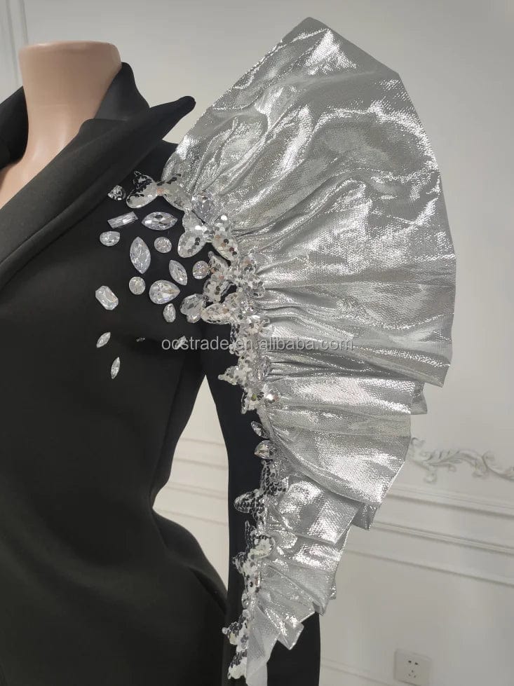 Ocstrade Fall 2023 Women Long Ruched Sleeve Zipper Coat Womens Blazer Jacket Concert Performance Rhinestone Coat For Women