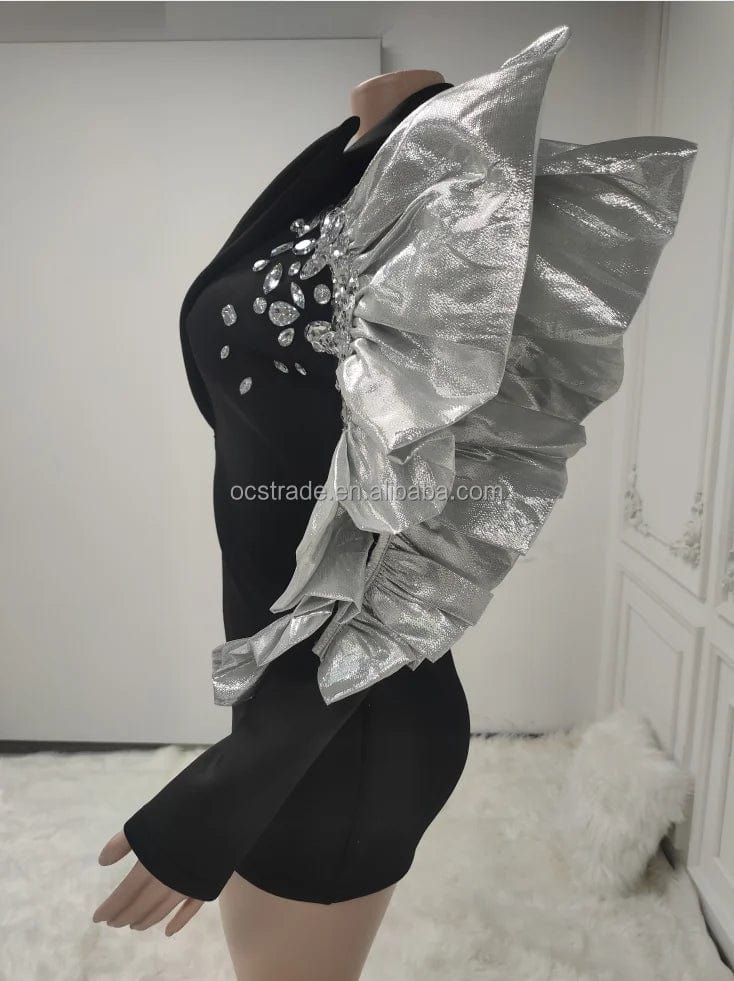 Ocstrade Fall 2023 Women Long Ruched Sleeve Zipper Coat Womens Blazer Jacket Concert Performance Rhinestone Coat For Women