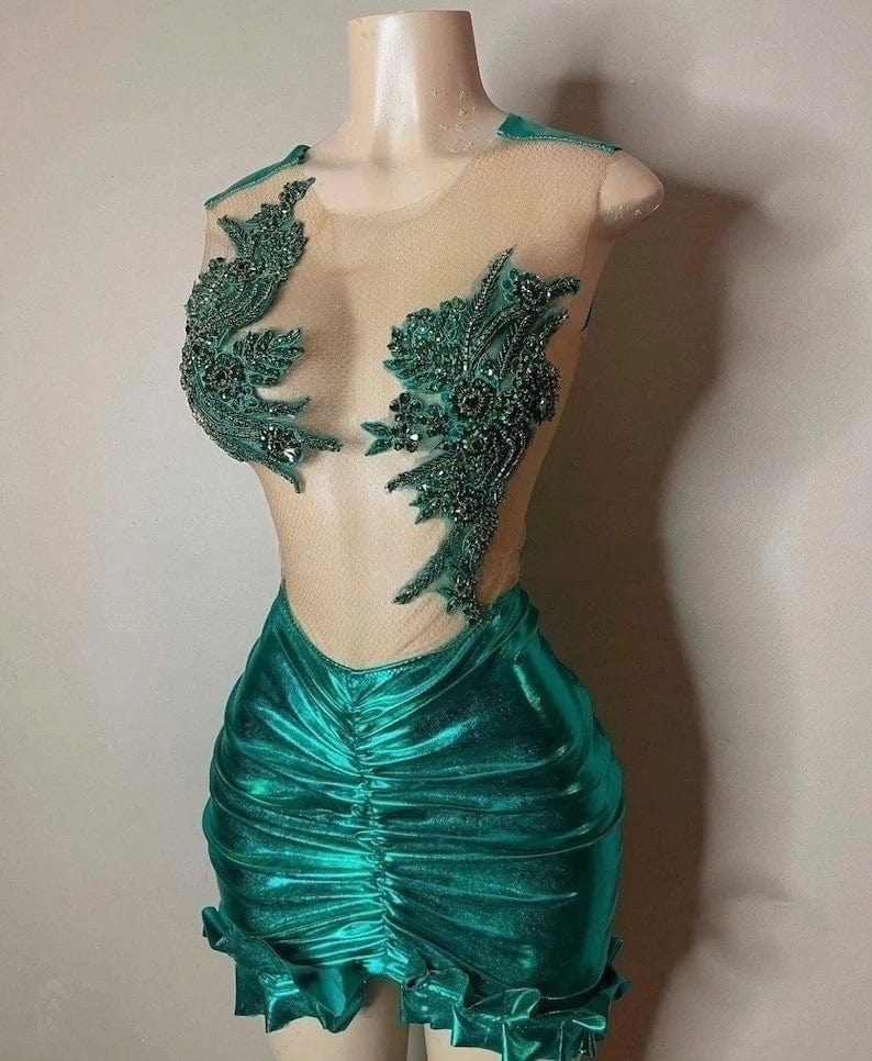 Ocstrade Fashion Design Luxury Rhinestone Club Dress Mesh See Through Sexy Ruched Pleated Short Dress Party Clubwear