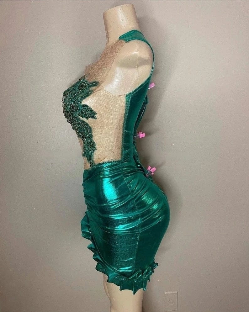 Ocstrade Fashion Design Luxury Rhinestone Club Dress Mesh See Through Sexy Ruched Pleated Short Dress Party Clubwear