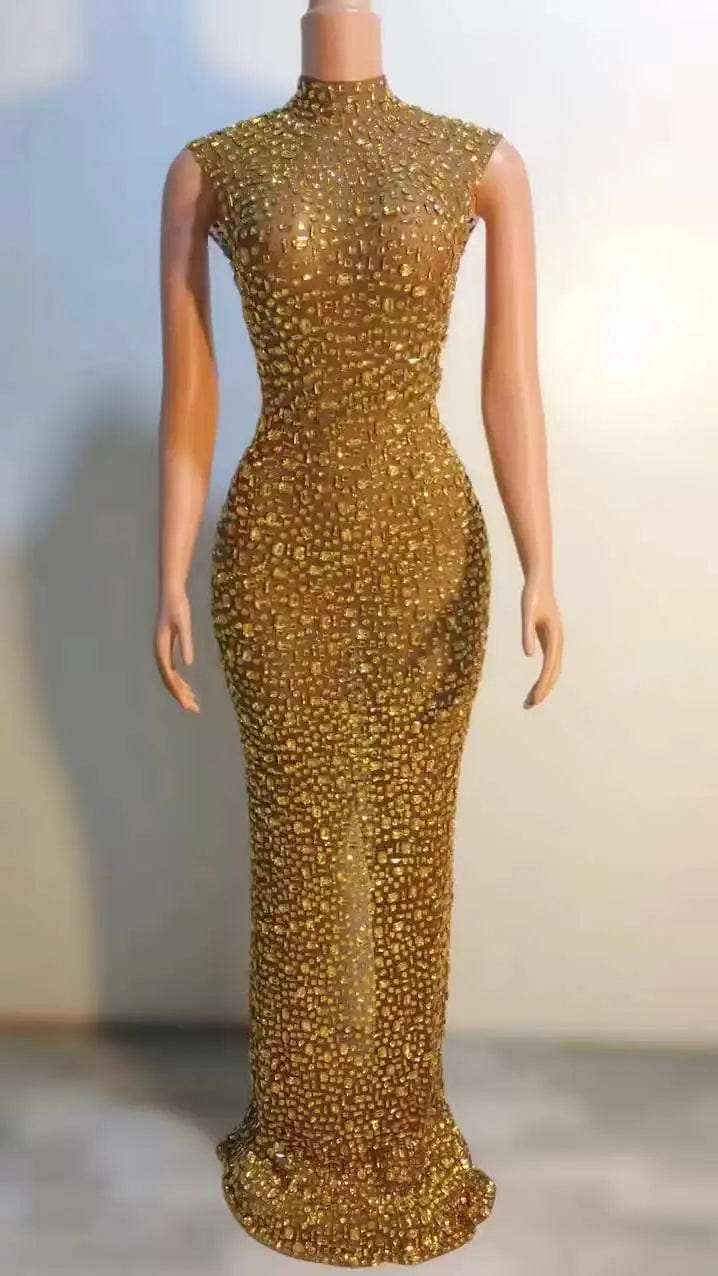 Ocstrade Hot Selling Rhinestone Diamond Luxury Studded Dress Long Gowns For Women Evening Dresses Gold Plus Size Elegant