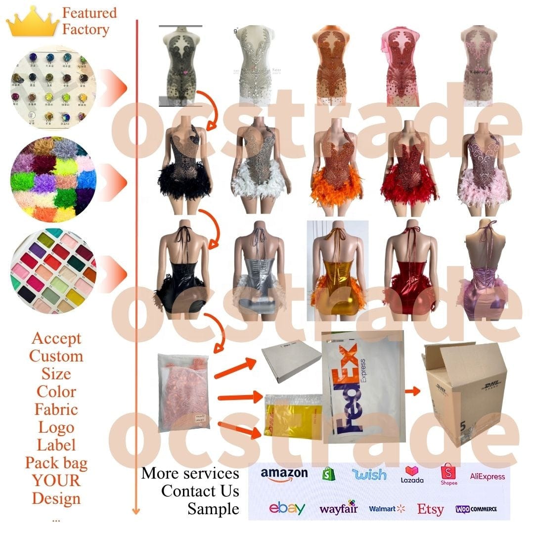 Ocstrade Luxurious Bling Women Pink Sexy Club Dresses Sparkly Diamond Mesh Mini Dress Feather Rhinestone Birthday Party Dresses