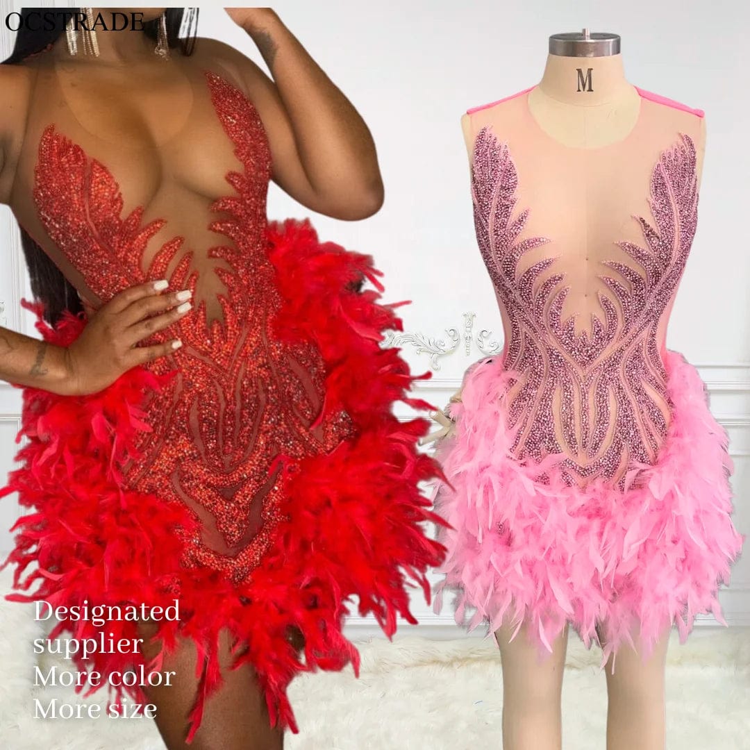 Ocstrade Luxurious Bling Women Pink Sexy Club Dresses Sparkly Diamond Mesh Mini Dress Feather Rhinestone Birthday Party Dresses