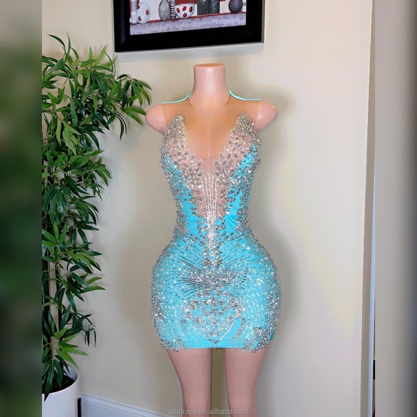 Ocstrade Luxury Light Blue Club Dress With Flower Rhinestone Bodice Applique Party Dresses Women Evening Elegance Light Blue