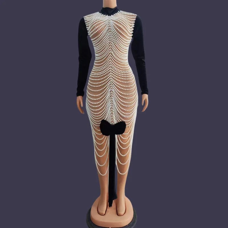 Ocstrade New Arrivals Long Sleeve Dresses For Women With Bow Sexy Party Evening Gowns  Luxury Pearls Shiny Performance Wear