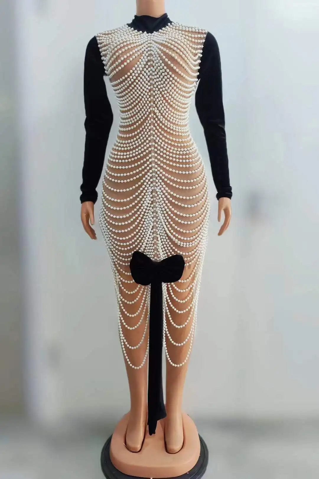 Ocstrade New Arrivals Long Sleeve Dresses For Women With Bow Sexy Party Evening Gowns  Luxury Pearls Shiny Performance Wear