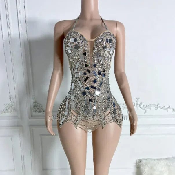 Ocstrade New Style Sparkly Rhinestone Night Club Party Dress Sequined Halter Sexy Open Back Lace Up Bodycon Mini Prom Dress