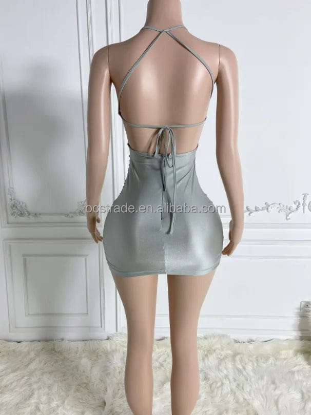 Ocstrade New Style Sparkly Rhinestone Night Club Party Dress Sequined Halter Sexy Open Back Lace Up Bodycon Mini Prom Dress