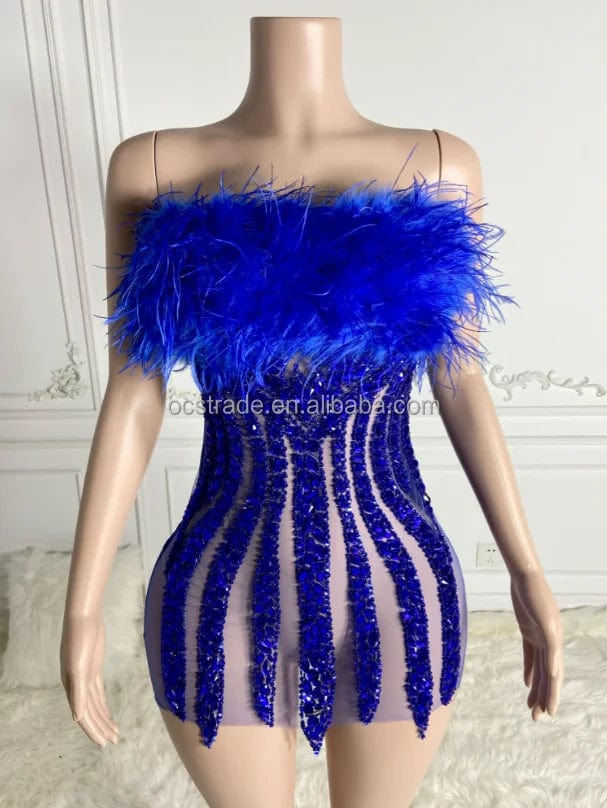 Ocstrade Off The Shoulder Glitter Full Body Rhinestone Blue Colour Club Dress Elegant Feather Birthday Dresses For Girls 21Th