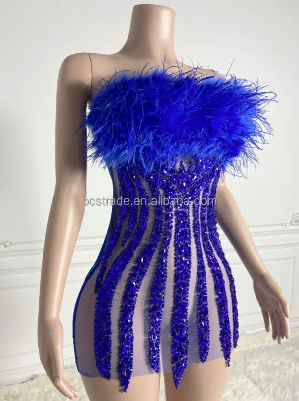 Ocstrade Off The Shoulder Glitter Full Body Rhinestone Blue Colour Club Dress Elegant Feather Birthday Dresses For Girls 21Th