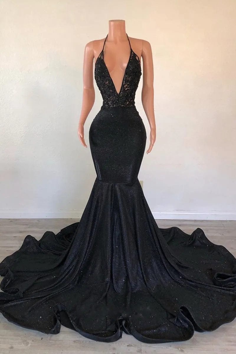 Ocstrade Spaghetti Strap Plunging V Neck Backless Evening Dress Black Lace Glitter Glossy Trumpet Long Train Prom Dresses 2023