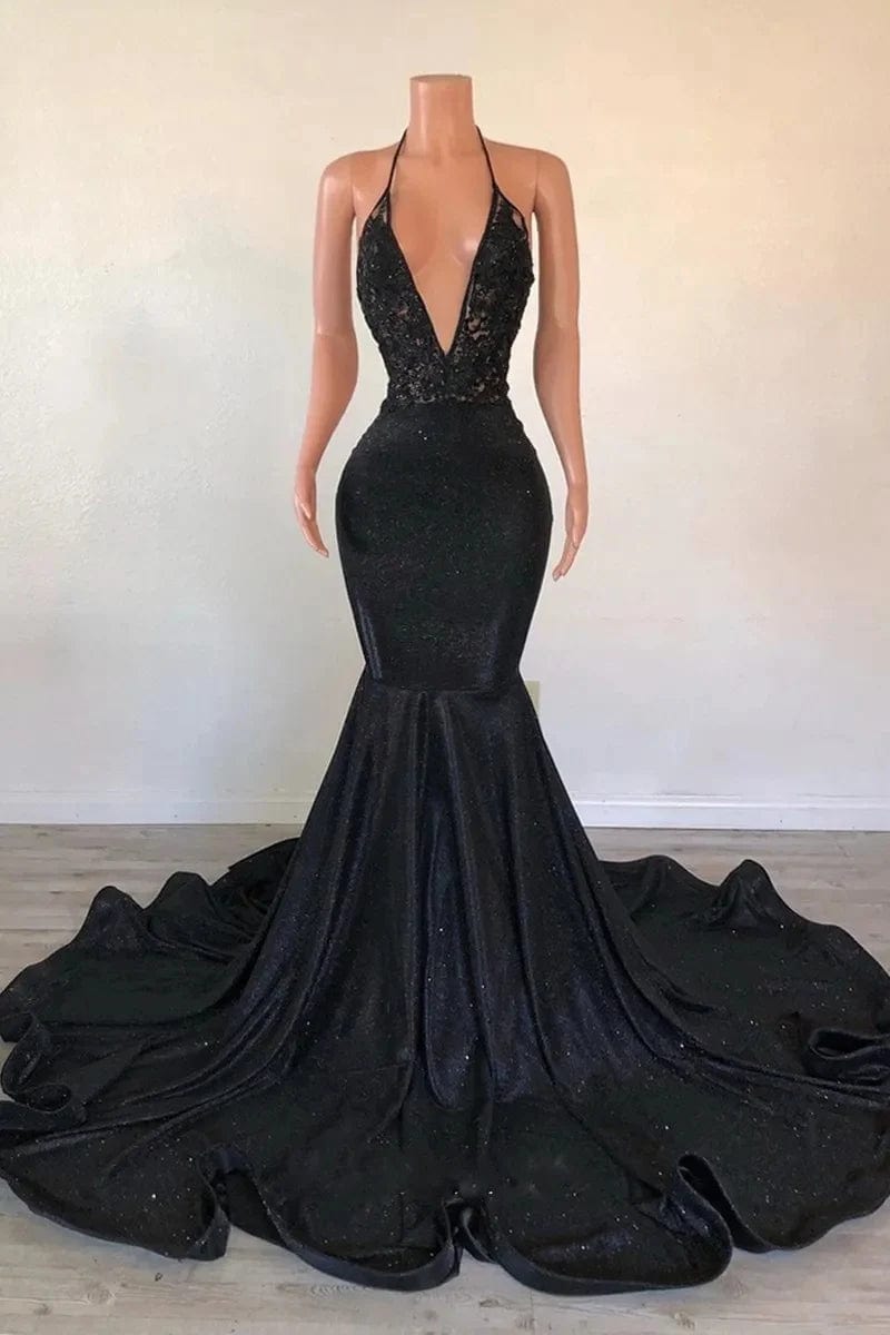Ocstrade Spaghetti Strap Plunging V Neck Backless Evening Dress Black Lace Glitter Glossy Trumpet Long Train Prom Dresses 2023