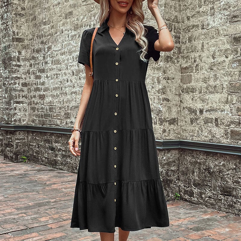 ODM/OEM Summer Dress For Women Casual V Neck With Button Short Sleeve Dresses Fashion Black Pleated Midi Vestidos