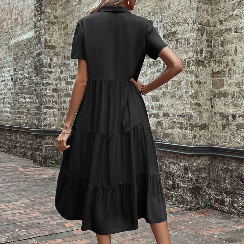 ODM/OEM Summer Dress For Women Casual V Neck With Button Short Sleeve Dresses Fashion Black Pleated Midi Vestidos