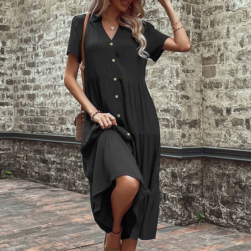 ODM/OEM Summer Dress For Women Casual V Neck With Button Short Sleeve Dresses Fashion Black Pleated Midi Vestidos