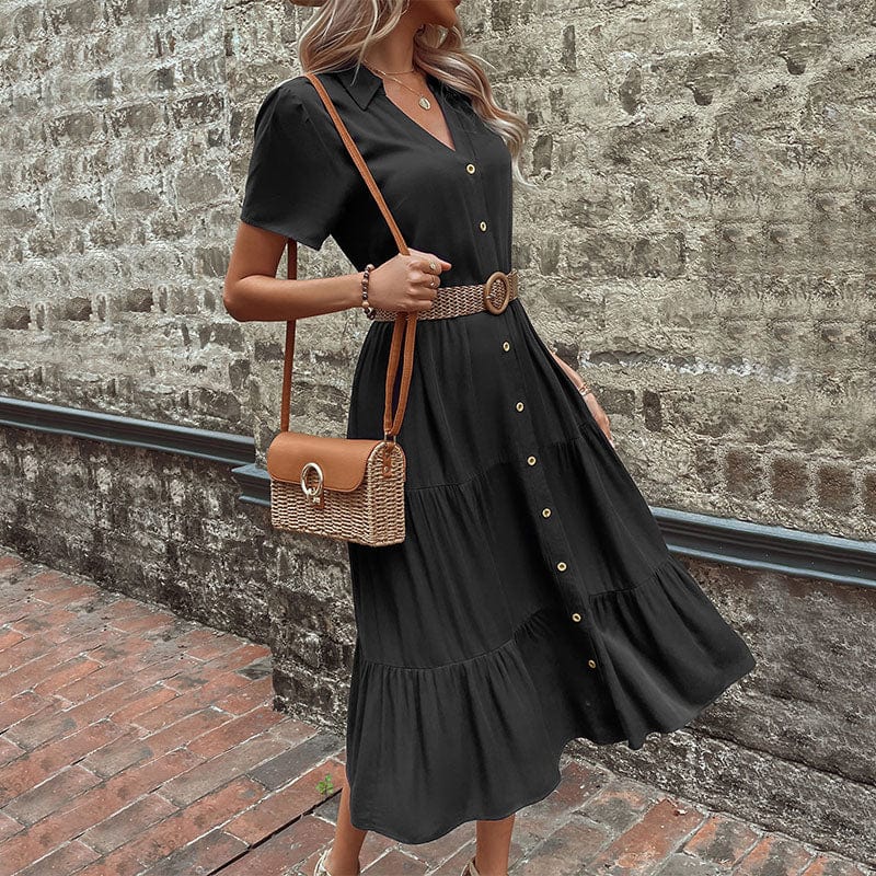 ODM/OEM Summer Dress For Women Casual V Neck With Button Short Sleeve Dresses Fashion Black Pleated Midi Vestidos